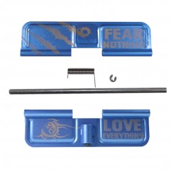 AR-15 EJECTION PORT DUST COVER COMPLETE ASSEMBLY - FEAR NOTHING - LOVE EVERYTHING ENGRAVED -Blue