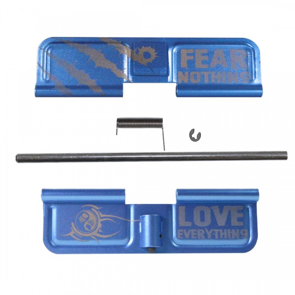 AR-15 EJECTION PORT DUST COVER COMPLETE ASSEMBLY - FEAR NOTHING - LOVE EVERYTHING ENGRAVED -Blue