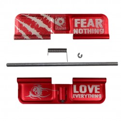 AR-15 EJECTION PORT DUST COVER COMPLETE ASSEMBLY - FEAR NOTHING - LOVE EVERYTHING ENGRAVED -Red