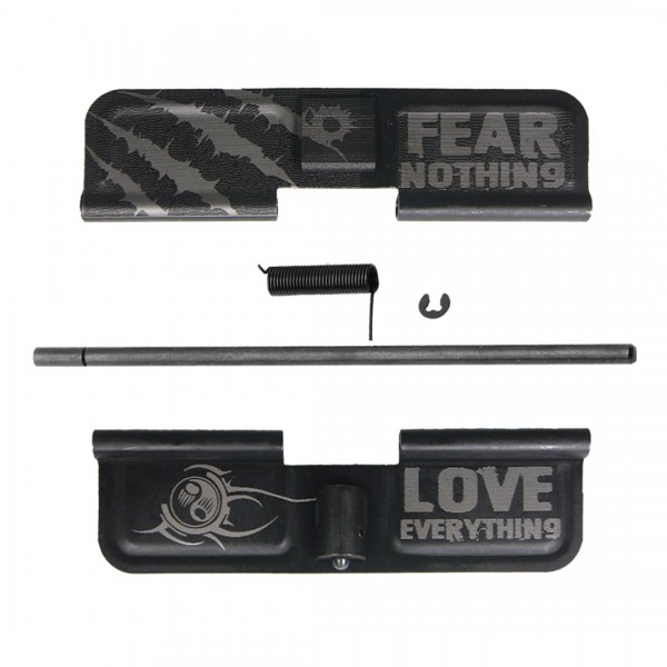 AR-15 EJECTION PORT DUST COVER COMPLETE ASSEMBLY - FEAR NOTHING - LOVE EVERYTHING ENGRAVED 