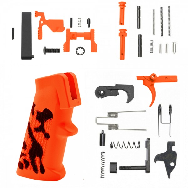 AR-15 Lower Parts Kit w/ Cerakote Hunter Orange Camo Grip (SAFETY OPTION)