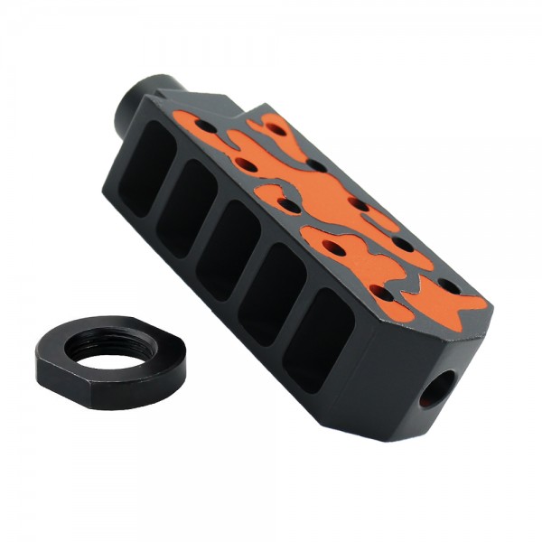 CERAKOTE CAMO| AR-15/.223/5.56 Barrett Style "Tanker" Extended Length Muzzle Brake with Jam Nut| Black and Hunter Orange