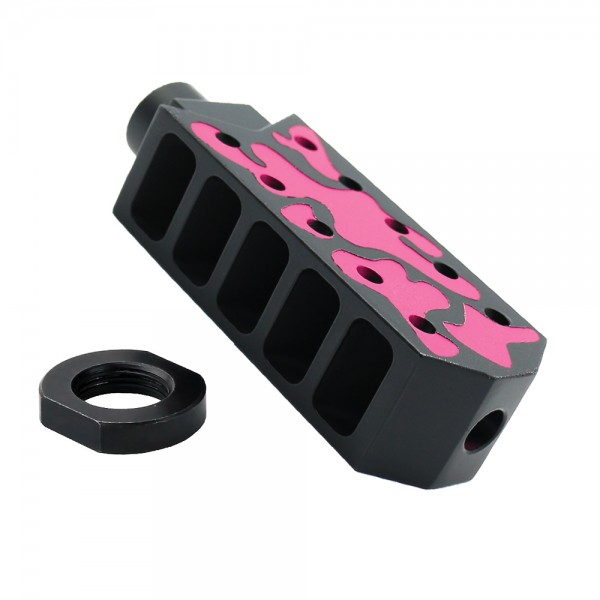 CERAKOTE CAMO| AR-15/.223/5.56 Barrett Style "Tanker" Extended Length Muzzle Brake with Jam Nut| Black and Pink