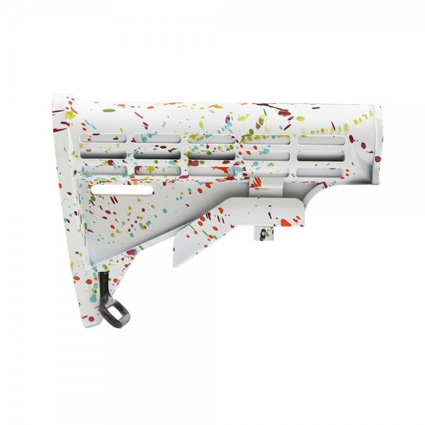 CERAKOTE SPLATTER| AR-15 Collapsible Standard Version Stock Body-Mil Spec- BASE BRIGHT WHITE- PATTERN- RGB-RED-PNK-ORG-LEM-ZBG- MADE IN U.S.A